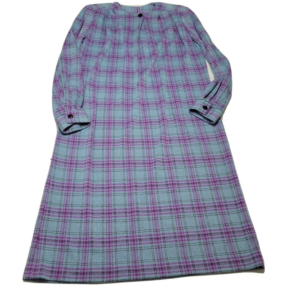 Vtg Handmade Midi Dress Womens Extra Large Blue Purple Plaid Long Sleeve Buttons - Picture 1 of 14